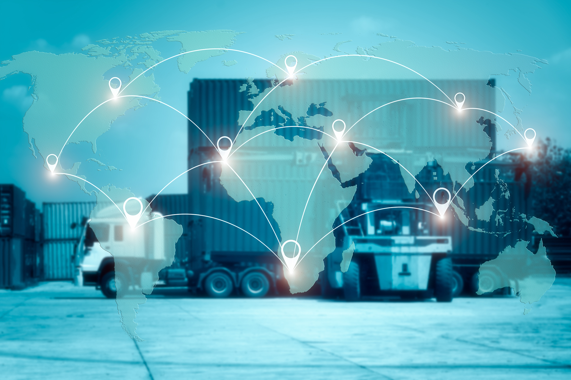 World international map connection connect network with blurred distribution logistic cargo warehouse background